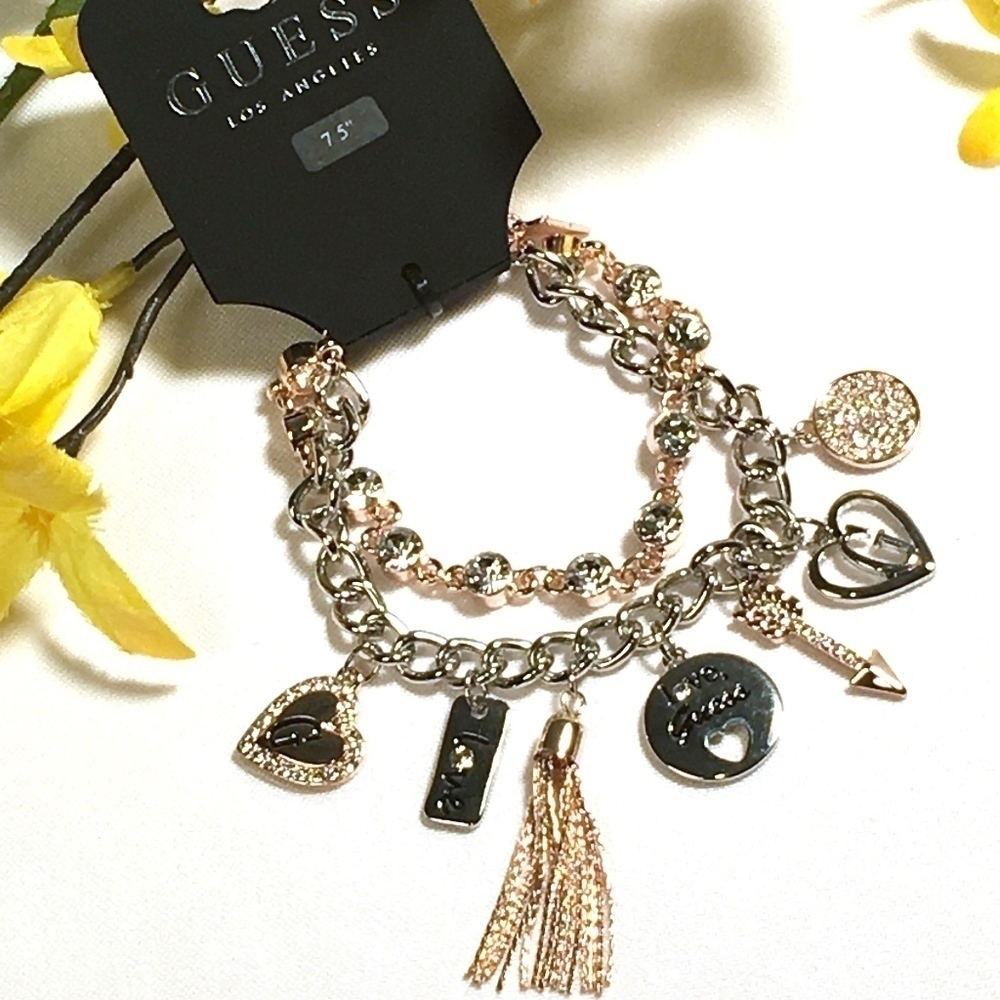 𝅺3/$29! GUESS Charm Bracelet Heart, Tassel, "Love"